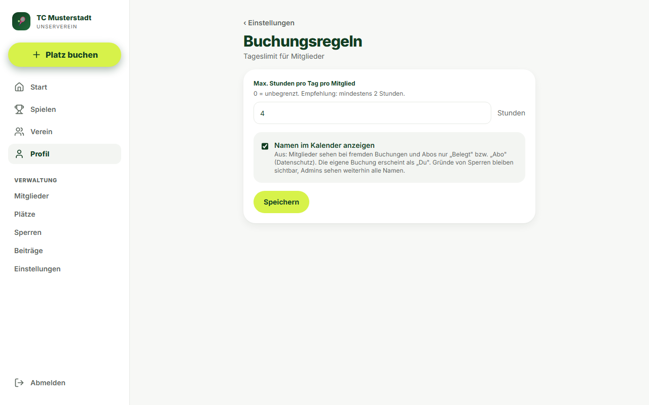Screenshot Buchungslimits