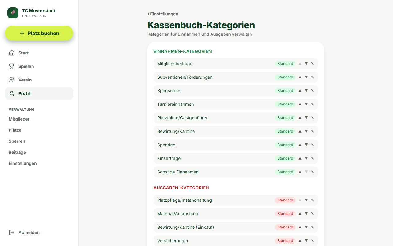 Screenshot Kassenbuch-Einstellungen