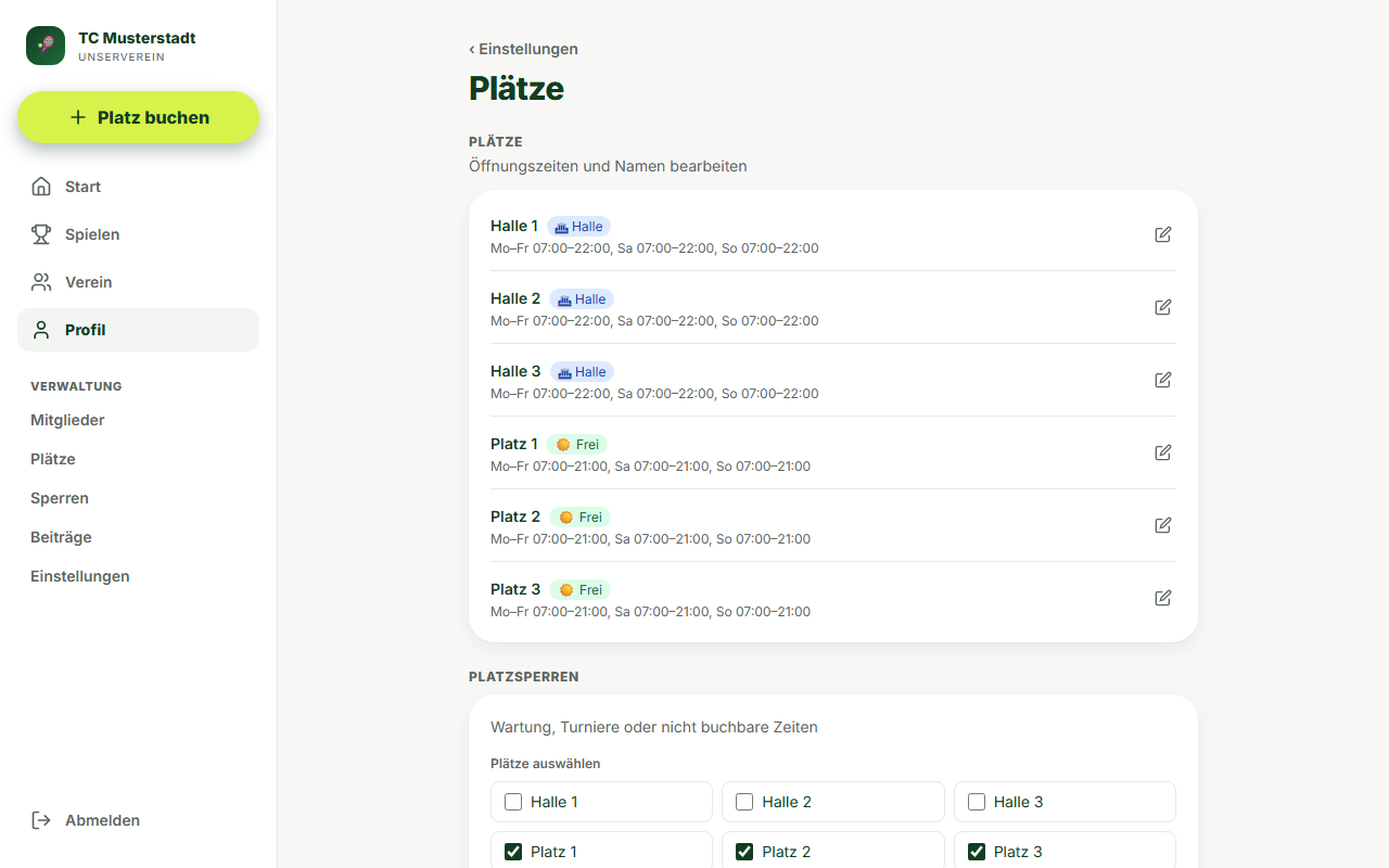 Screenshot Platz-Einstellungen