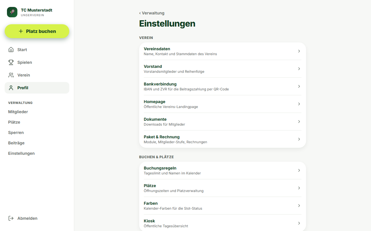 Screenshot Einstellungen-Übersicht