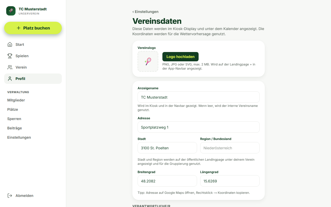 Screenshot Vereinsdetails