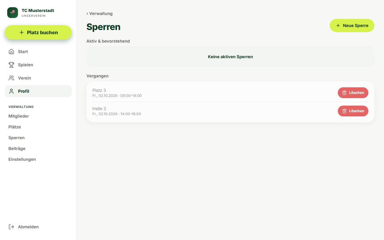 Screenshot Sperre anlegen