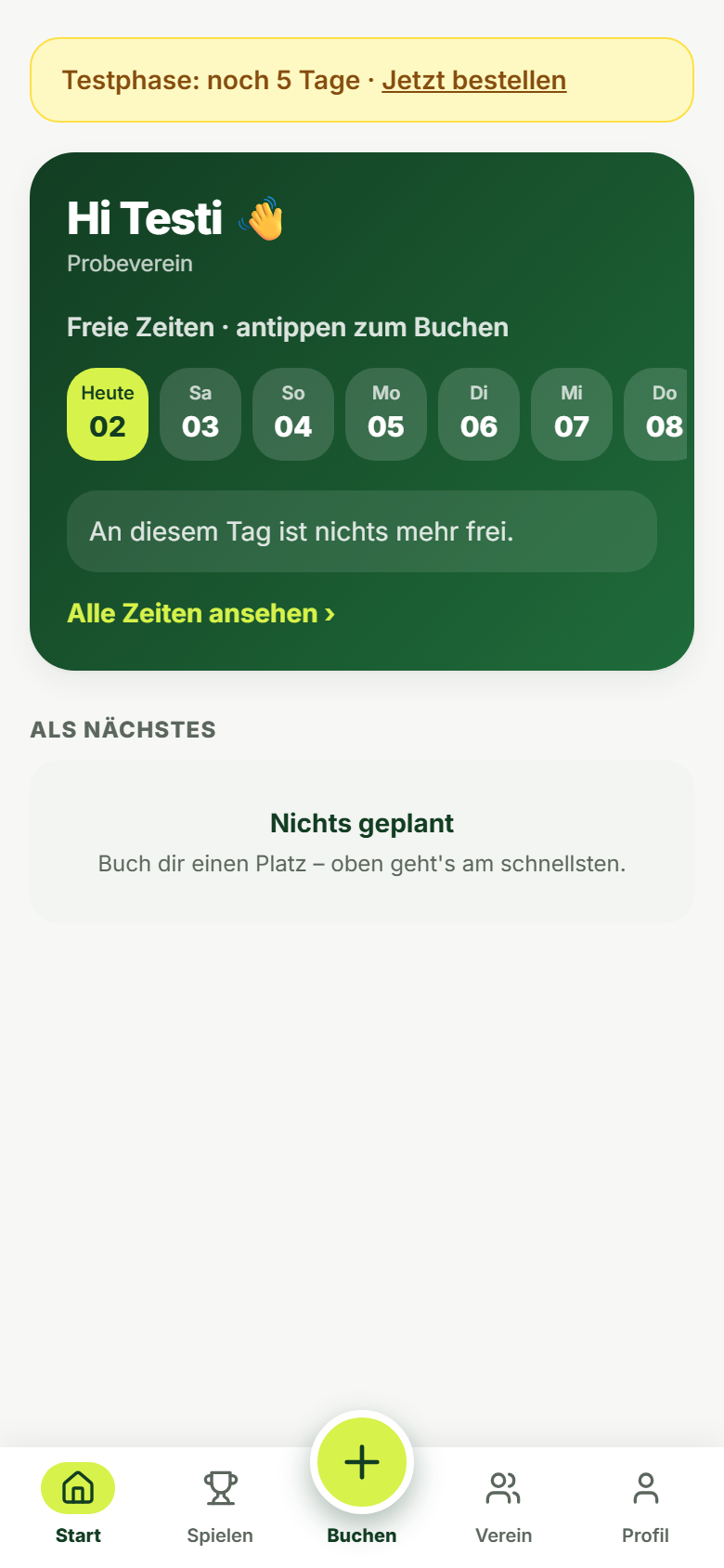 Screenshot Testphasen-Hinweis